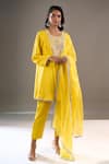 Shop_Archana Shah_Yellow Silk Embroidery Round Neck Yoke Kurta Set _at_Aza_Fashions