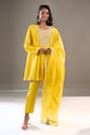 Buy_Archana Shah_Yellow Silk Embroidery Round Neck Yoke Kurta Set _at_Aza_Fashions