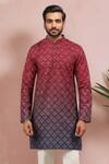 Shop_Arihant Rai Sinha_Maroon Cotton, Silk Embroidery, Foil Printing Ombre Effect Kurta Set _Online_at_Aza_Fashions