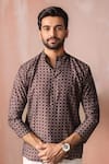 Buy_Arihant Rai Sinha_Brown Linen Printed Short Kurta _at_Aza_Fashions