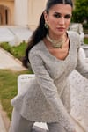 Buy_Charu And Vasundhara_Silver Tissue Beads, Embroidery V-neck Karen Peplum Kurta And Sharara Set _Online_at_Aza_Fashions