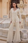 Buy_Charu And Vasundhara_Ivory Organza Sequins, Beads, Kourtney Embroidered Jacket And Flared Pant Set _at_Aza_Fashions