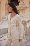 Buy_Charu And Vasundhara_Ivory Organza Sequins, Beads, Kourtney Embroidered Jacket And Flared Pant Set _Online_at_Aza_Fashions