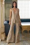 Buy_Charu And Vasundhara_Gold Organza, Silk Sequins, Embroidery V-neck Kesha Jacket And Flared Pant Set _at_Aza_Fashions