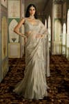 Buy_Charu And Vasundhara_Silver Tissue Sequins, Kaya Embellished Pre-draped Lehenga Saree With Blouse _at_Aza_Fashions