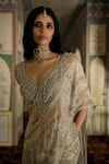 Charu And Vasundhara_Silver Tissue Sequins, Kaya Embellished Pre-draped Lehenga Saree With Blouse _Online_at_Aza_Fashions