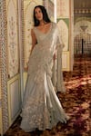 Shop_Charu And Vasundhara_Silver Tissue, Chiffon Embroidery, Sequins, Kaylee Pre-draped Saree With Blouse _at_Aza_Fashions