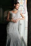 Charu And Vasundhara_Silver Organza Sequins, Metallic Keira Embellished Pre-draped Saree With Blouse _Online_at_Aza_Fashions
