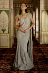 Buy_Charu And Vasundhara_Silver Organza Sequins, Metallic Keira Embellished Pre-draped Saree With Blouse _at_Aza_Fashions