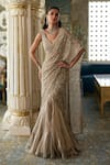Buy_Charu And Vasundhara_Gold Tissue Embroidery, Sequins, Kimberly Pre-draped Lehenga Saree With Blouse _at_Aza_Fashions