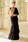 Buy_Charu And Vasundhara_Black Chiffon, Organza Embroidery, Kinsley Ruffle Pre-draped Saree With Blouse _at_Aza_Fashions