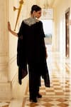 Shop_Charu And Vasundhara_Black Silk V-neck Karla Embroidered Cape And Skirt Set _at_Aza_Fashions