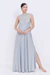 Buy_Dilnaz_Gray Silk, Polyester, Satin Gemstones, Beads High Neck Jewel Bias Gown _at_Aza_Fashions