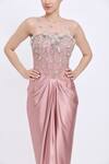 Dilnaz_Pink Net, Polyester, Satin Sequins Round Neck Draped Embellished Gown _Online_at_Aza_Fashions