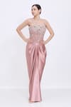 Buy_Dilnaz_Pink Net, Polyester, Satin Sequins Round Neck Draped Embellished Gown _at_Aza_Fashions
