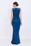 Shop_Dilnaz_Sapphire Satin Embroidery V-neck 3d Fern Shoulder Detail Draped Gown _at_Aza_Fashions