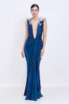 Dilnaz_Sapphire Satin Embroidery V-neck 3d Fern Shoulder Detail Draped Gown _Online_at_Aza_Fashions