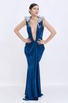Buy_Dilnaz_Sapphire Satin Embroidery V-neck 3d Fern Shoulder Detail Draped Gown _Online_at_Aza_Fashions