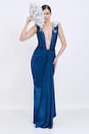 Buy_Dilnaz_Sapphire Satin Embroidery V-neck 3d Fern Shoulder Detail Draped Gown _at_Aza_Fashions