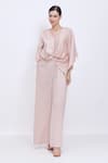 Buy_Dilnaz_Beige Satin V-neck Plain Draped Kaftan And Jumpsuit Set _at_Aza_Fashions