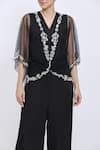 Dilnaz_Black Net, Satin Embroidery, Gemstones V-neck Embellished Kaftan And Jumpsuit Set _Online_at_Aza_Fashions