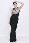 Buy_Dilnaz_Black Satin, Net, Polyester Stones, Embroidery Round Embellished Draped Gown _at_Aza_Fashions