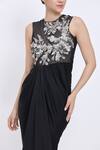 Dilnaz_Black Satin, Net, Polyester Stones, Embroidery Round Embellished Draped Gown _Online_at_Aza_Fashions