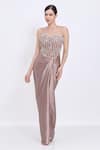 Buy_Dilnaz_Brown Satin, Net, Polyester Faux Diamonds, Stones Boat Line Embroidered Gown _at_Aza_Fashions