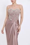 Dilnaz_Brown Satin, Net, Polyester Faux Diamonds, Stones Boat Line Embroidered Gown _Online_at_Aza_Fashions