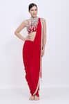 Buy_Dilnaz_Red Georgette, Net, Asymmetric Embroidered Blouse With Pre-draped Saree _at_Aza_Fashions