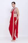Dilnaz_Red Georgette, Net, Asymmetric Embroidered Blouse With Pre-draped Saree _at_Aza_Fashions
