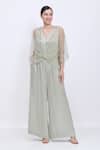 Buy_Dilnaz_Gray Net, Satin Stones, Beads, Embroidery, Sequins V-neck Kaftan And Jumpsuit Set _at_Aza_Fashions