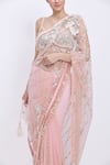 Shop_Dilnaz_Pink Net, Satin Fabric Flowers, Pearls, Crystals Hand Embroidered Saree _Online_at_Aza_Fashions