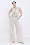 Buy_Dilnaz_Ivory Net, Tweed, Polyester, Satin Pearls, Stones Hand Embroidered Jumpsuit _at_Aza_Fashions