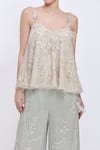 Dilnaz_Cream Net, Polyester, Satin Embroidery, Feathers V-neck Cutwork Top _Online_at_Aza_Fashions