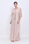 Buy_Dilnaz_Pink Satin, Net Stones, Pearls, Embroidery V-neck Hand Kaftan _at_Aza_Fashions