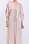 Dilnaz_Pink Satin, Net Stones, Pearls, Embroidery V-neck Hand Kaftan _Online_at_Aza_Fashions