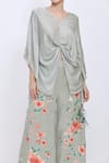 Dilnaz_Gray Satin Tassels V-neck Draped Kaftan  _Online_at_Aza_Fashions