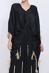Dilnaz_Black Satin Tassels, Feathers, Sequins V-neck Draped Kaftan And Line Jumpsuit Set _Online_at_Aza_Fashions