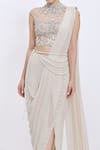 Buy_Dilnaz_Beige Georgette, Net, Polyester, Satin Parsi Gara Blouse And Pre-draped Saree Set _Online_at_Aza_Fashions