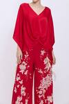 Dilnaz_Red Linen Embroidery Chrysanthemum Trouser _Online_at_Aza_Fashions