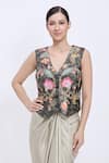 Dilnaz_Black Jacquard, Polyester Embroidery, Sequins V-neck Floral Waistcoat _Online_at_Aza_Fashions