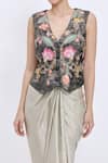 Buy_Dilnaz_Black Jacquard, Polyester Embroidery, Sequins V-neck Floral Waistcoat _Online_at_Aza_Fashions