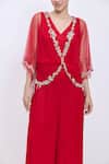 Dilnaz_Red Net, Satin Stones, Embroidery V-neck Kaftan And Jumpsuit Set _Online_at_Aza_Fashions