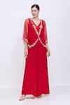 Buy_Dilnaz_Red Net, Satin Stones, Embroidery V-neck Kaftan And Jumpsuit Set _at_Aza_Fashions