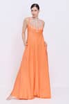 Buy_Dilnaz_Orange Silk, Polyester, Satin Beads, Stones High Neck Bodice Embellished Gown _at_Aza_Fashions