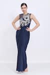 Buy_Dilnaz_Navy Satin, Net, Polyester Embroidery Round Neck Windwept Daalis Draped Gown  _at_Aza_Fashions