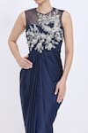 Dilnaz_Navy Satin, Net, Polyester Embroidery Round Neck Windwept Daalis Draped Gown  _Online_at_Aza_Fashions