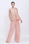 Buy Dilnaz Pink Linen Sequins, Fringe Ferns Hand Embroidered Palazzo at Aza Fashions Buy_Dilnaz_Pink Linen Sequins, Fringe Ferns Hand Embroidered Palazzo _at_Aza_Fashions