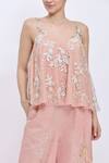 Dilnaz_Pink Net, Polyester, Satin Embroidery V-neck Parsi Gara And Cutwork Camisole _Online_at_Aza_Fashions